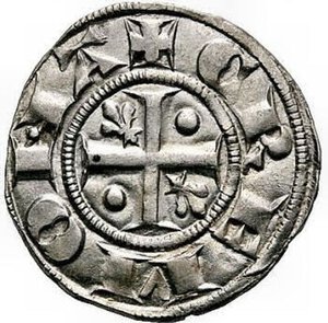 obverse: CREMONA. Comune 1155-1330. Grosso. Ar. g 2,1 d/ CREMONA Croce patente accantonata da due bisanti e due gigli. r/ S’YNE RIVS Il Santo benedicente seduto tra leoni. CNI 44; MIR 290. Molto raro. Di grande freschezza. Migliore di Spl. Patina