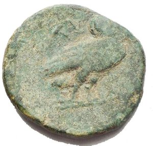 reverse: APULIA, Teate. Circa 275-225 BC. Æ (22 mm, 6.2 g). Helmeted head of Athena right / Owl standing right, head facing. HN Italy 701. VF. Green patina