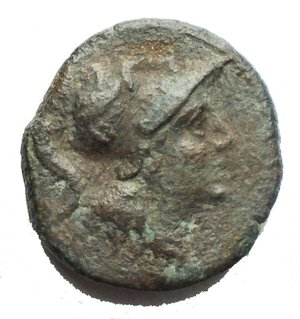 obverse: Apulia, Teate, Uncia, c. 225-220 BC; AE (g 3,2; mm 14,8 x 15,4); Head of Athena r., wearing crested Corinthian helmet, Rv. TIATI, owl standing r. with closed wings; below one pellet. HNItaly 702d; SNG Copenhagen -; SNG ANS 752. VF. Brown green patina. Rare