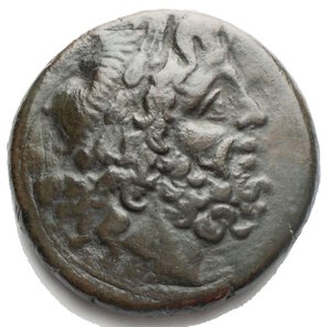 obverse: Apulia, Teate. Nummus ca 225-200, Æ 31.5 mm, 26.31 g. Wreathed head of Zeus of Dodona r. Rev. [TIATI] Eagle, wings open, standing r. on thunderbolt; in r. field, N. Weber 474. Historia Numorum Italy 703. Very rare and in unusual condition for this difficult issue. Olive green patina,  good very fine