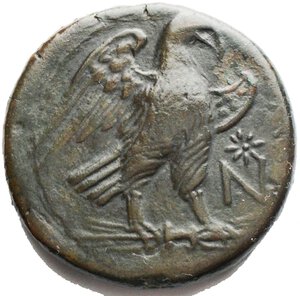 reverse: Apulia, Teate. Nummus ca 225-200, Æ 31.5 mm, 26.31 g. Wreathed head of Zeus of Dodona r. Rev. [TIATI] Eagle, wings open, standing r. on thunderbolt; in r. field, N. Weber 474. Historia Numorum Italy 703. Very rare and in unusual condition for this difficult issue. Olive green patina,  good very fine