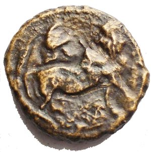 reverse: Campania, Neapolis Æ 16.03 mm. Circa 317-270 BC. Laureate head of Apollo to right; E behind / Man-headed bull walking to right, head facing; above, Phrygian helmet, below, monogram; ethnic in exergue. Sambon 625; SNG ANS 450; SNG BnF 913-7; SNG Copenhagen 492. 3.44g .