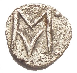 obverse: Greek Coins. Sybaris. Obol circa 550-510, AR 0.37 g. Bull standing l., head turned back. Rev. Large M above Y. SNG ANS 854. McClean 1173. Historia Numorum Italy 1739 (obol). VF