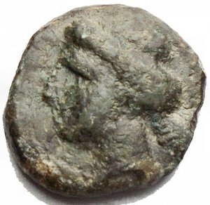 obverse: Mondo Greco - Sicily, Onkia (?), Eryx, c. 330-260 BC; AE (g 2,76; mm 13,1 x 13,7); Female head l., Rv. Horse trotting l. Rif CNS I, n. 19. Rare, green patina, good very fine.