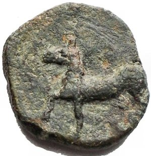 reverse: Mondo Greco - Sicily, Onkia (?), Eryx, c. 330-260 BC; AE (g 2,76; mm 13,1 x 13,7); Female head l., Rv. Horse trotting l. Rif CNS I, n. 19. Rare, green patina, good very fine.