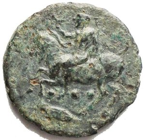 obverse: Sicily, Tetras,Himera, After 420 BC, AE, (g 2.19, mm 16,02). Young seated on goat l., holding shell; below three pellets, Rv. Nike flying l., holding ribbons. CNS I, n. 31; SNG ANS 185 var.. Green patina. Good very fine.