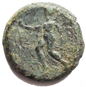 reverse: Sicily, Tetras,Himera, After 420 BC, AE, (g 2.19, mm 16,02). Young seated on goat l., holding shell; below three pellets, Rv. Nike flying l., holding ribbons. CNS I, n. 31; SNG ANS 185 var.. Green patina. Good very fine.