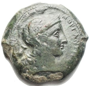 obverse: Sicily, Morgantina. ca. 339/8-317 B.C. Æ litra (28.1 mm, 19.26 g) Helmeted head of Athena right; behind neck guard, retrograde Γ above owl / Lion right, devouring head of stag; monogram below. Calciati 1; SNG ANS 466; SNG Cop 473. VF. Green patina. Rare