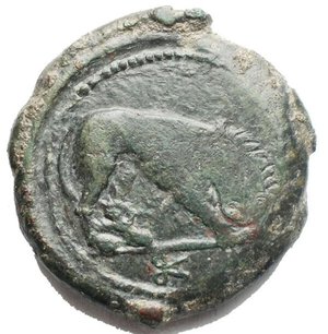 reverse: Sicily, Morgantina. ca. 339/8-317 B.C. Æ litra (28.1 mm, 19.26 g) Helmeted head of Athena right; behind neck guard, retrograde Γ above owl / Lion right, devouring head of stag; monogram below. Calciati 1; SNG ANS 466; SNG Cop 473. VF. Green patina. Rare