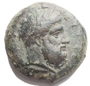 obverse: SICILY, Syracuse. Timoleon, 344-317 BC. AE Hemilitron (16,3 gm). Laureate head of Zeus / Thunderbolt, barley grain to right. CNS.71. Good VF Green patina