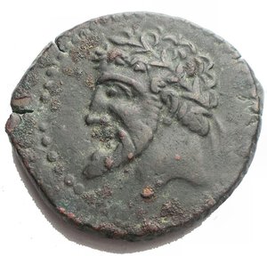 obverse: Numidian Kingdom. Micipsa. 148-118 B.C. Æ (29.2 x 216.6 mm, 16.19 g). Laureate and bearded head of Micipsa left / Horse galloping left. MAA 18; SNG Copenhagen 505. Green brown patina. Good very fine.