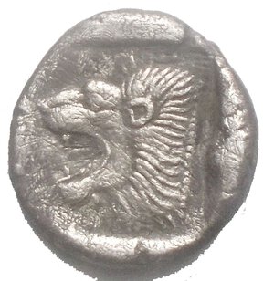 obverse: Mysia. Kyzikos circa 480 BC. Diobol AR 10,3 x 10,8 mm. 1,03 g Forepart of boar left with short mane and dotted truncation, to right, tunny  / Head of roaring lion left with bristling mane, outstretched tongue, all within incuse square. Very Fine