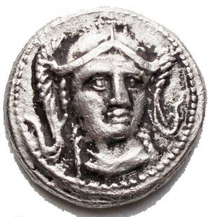 obverse: Paeonia, kings of. Audoleon (315-286 BC). AR Tetradrachm. Head of Athena facing slightly right, wearing triple-crested Attic helmet and necklace / Horse walking right; AYΔΩΛEON-TOΣ above and to right, monogram below. SNG ANS 1054 (Var.); SNG Cop. 1401 (Var.); Babelon IV, 1268ff; HGC 3, 151. (12,31g)