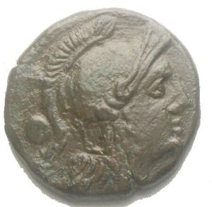 obverse: Repubblica Romana. Serie  spiga di grano . Oncia, Sicilia ca. 214-212 a.C. D/ Testa di Roma elmata a destra. Dietro, globetto. R/ Prua di nave a destra. Sopra, spiga di grano e ROMA. In esergo: globetto. Cr. 42/4=78/9. AE. g 5.44, mm 19.93. BB+. Patina verde oliva intenso