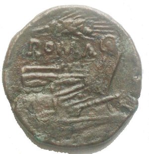 reverse: Repubblica Romana. Serie  spiga di grano . Oncia, Sicilia ca. 214-212 a.C. D/ Testa di Roma elmata a destra. Dietro, globetto. R/ Prua di nave a destra. Sopra, spiga di grano e ROMA. In esergo: globetto. Cr. 42/4=78/9. AE. g 5.44, mm 19.93. BB+. Patina verde oliva intenso