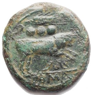 reverse: Roman Republican Anonymous. Circa 214 BC. Æ Quadrans (26,2 x 26,6 mm. 12,57 g). Corn-ear (first) series. Mint in Sicily. Head of Hercules right, wearing lion skin; ••• (mark of value) to left / Bull charging right; grain ear and ••• (mark of value) above, serpent below; ROMA in exergue. Crawford 42/2; Sydenham –; BAR Issue 10; Type as RBW 140. Nice olive green patina, minor roughness, VF