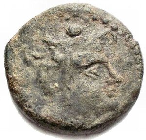 obverse: Repubblica Romana - Serie spiga di grano e KA. 211-208 a.C. Sestante. AE. D/ Testa di Mercurio a destra. R/ Prua a destra. Sopra spiga di grano. Davanti monogramma. Sotto ROMA.  Peso g 5,91. Diametro mm. 19,75. BB. Ribattuto. Intonso. Patina verde intenso