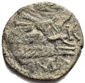 reverse: Repubblica Romana - Serie spiga di grano e KA. 211-208 a.C. Sestante. AE. D/ Testa di Mercurio a destra. R/ Prua a destra. Sopra spiga di grano. Davanti monogramma. Sotto ROMA.  Peso g 5,91. Diametro mm. 19,75. BB. Ribattuto. Intonso. Patina verde intenso