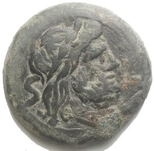 obverse: Roman Republican Anonymous. 211-208 BC. Æ Semis (30.88 mm, 23,59 g). Caduceus (first) series. Mint in Central Italy. Laureate head of Saturn right; S (mark of value) to left / Prow of galley right; caduceus above. Crawford 60/3; Sydenham 164b; RBW 244. Dark green patina Good VF. Very rare.  Very good condition for this difficult issue.