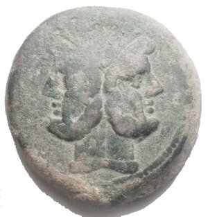 obverse: Roman Republican Wreath series, Uncertain mint, 211-208 BC. Æ As (34.2 x 35.2 mm, 49.82 g). Laureate head of bearded Janus. R/ Prow of galley r.; wreath and I (mark of value) above. Crawford 110/2; RBW 501. Green patina, scratch on obv. VF