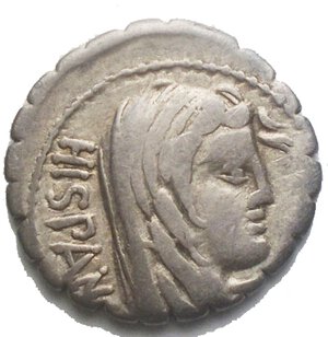 obverse: A. Postumius Albinus. Denario serrato, ca 81. D/ Testa velata di Hispania a destra; dietro, HISPAN. R/ A – POST·A·F – ·S·N – ALBIN. Figura togata a sinistra; alza la mano destra; a sinistra aquila legionaria, a destra fasci con ascia. B. Postumia 8. Syd. 746. Cr. 372/2. AG. g 3.7; mm 19,2. BB/qBB