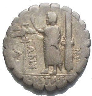 reverse: A. Postumius Albinus. Denario serrato, ca 81. D/ Testa velata di Hispania a destra; dietro, HISPAN. R/ A – POST·A·F – ·S·N – ALBIN. Figura togata a sinistra; alza la mano destra; a sinistra aquila legionaria, a destra fasci con ascia. B. Postumia 8. Syd. 746. Cr. 372/2. AG. g 3.7; mm 19,2. BB/qBB