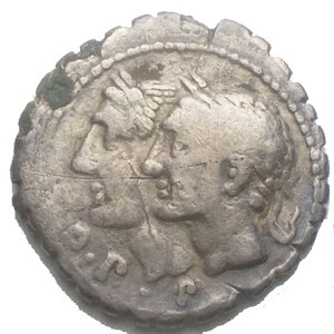 obverse: Repubblica Romana. Caius Sulpicius. 106 a.C. Denario. Fourrée. D/ D P P (Dei Penates Publici) Teste accollate degli dei Penati verso sinistra. R/ C SVLPICI C F  (Caius Sulpicius Caii filius) Due personaggi armati di lancia, tra di loro una scrofa, nel campo la lettera L. Cr.312/1. Peso 3,25 gr. Diametro 19,18 mm. BB. NC.