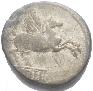 reverse: Repubblica Romana. Q. Titius. Denario, 90 a.C. D/ Testa di giovane Bacco coronata di edera a destra. R/ Pegaso a destra. Sotto, Q. TITI in tavoletta. Cr.341/2. B.2. AG. g 3.87; mm 17.7 qBB