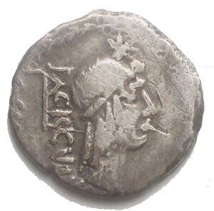 obverse: L. Valerius Acisculus. AR Denarius, Rome mint, 45 BC. Obv. Head of Apollo right, hair tied with band; above, star; on the left, acisculus and ACISCVLVS. Rev. Helmeted human-headed owl r., carrying shield and two spears; in exergue, L·VALERIVS. Cr. 474/2b; B. 18 (Valeria). AR. 3,43g. 18,04 x 18,05mm. Rare. aVF