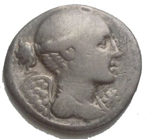 obverse: Repubblica Romana. L. Valerius Flaccus. Denario, ca 108 o 107. D/ Busto drappeggiato di Vittoria a destra; sotto il mento simbolo. R/ L.VALERI/FLACCI. Marte a sinistra; tiene lancia e trofeo sulla spalla sinistra; davandi apex e dietro spighe di grano. B. Valeria 11. Syd. 565. Cr. 306/1. AG. g 3.53, mm 19,6. 