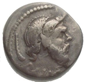 obverse: C. Vibius C.f. C.n. Pansa Caetronianus, Denario, Roma, 48 a.C.; AR (g 3,76; mm 18,2); Maschera di Pan barbato a d.; sotto, PANS(A); dietro, pedum, Rv. Giove seduto verso s., regge patera e scettro; a d., C VIBIVS C F C N; a s. (IOVIS A)XVR. Crawford 449/1b; Vibia 19; Sydenham 948. Patina BB