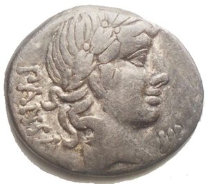 obverse: C. Vibius C.f. Pansa, denario, Roma, 90 a.C.; Ag 3,66 g; Laureate head of Apollo r.; behind, PANSA; before, control symbol, Rv. Minerva in quadriga r., holding reins, spear and trophy; in ex. C VIBIVS C F. VF/aVF  Vibia 2 