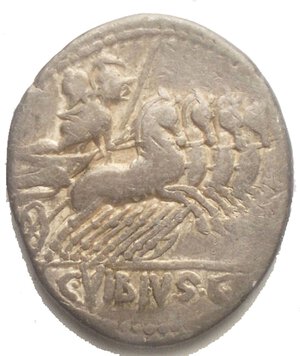 reverse: C. Vibius C.f. Pansa, denario, Roma, 90 a.C.; Ag 3,66 g; Laureate head of Apollo r.; behind, PANSA; before, control symbol, Rv. Minerva in quadriga r., holding reins, spear and trophy; in ex. C VIBIVS C F. VF/aVF  Vibia 2 