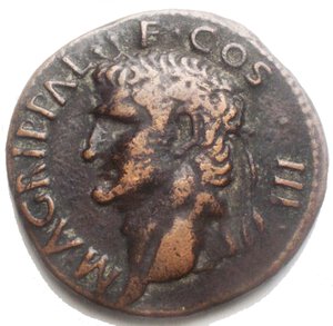 obverse: Agrippa. Died 12 BC. Æ As (28.02mm, 9.78 g) Struck under Gaius (Caligula), AD 37-41. Head left, wearing rostral crown / Neptune standing left, holding dolphin and trident. RIC I 58 (Gaius). Good VF, brown patina