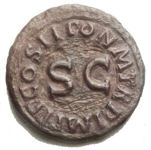 reverse: Impero Romano. Claudio. 41-54 d.C. Quadrante. D/ TI CLAVDIVS CAESAR AVG Mano che tiene una bilancia, tra i piatti PNR. R/ PON M R P IMP PP COS II intorno ad SC. Peso 3,16 g. Diametro 17,7 mm. Ric. 91. BB. 