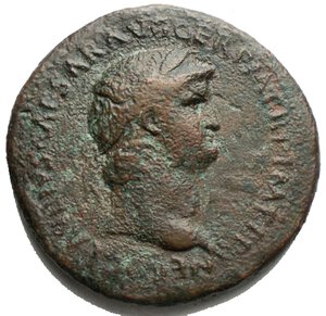 obverse: NERO. 54-68 AD. Æ Sestertius g 24.41. mm 36,1. Rome mint. Struck 64 AD. Laureate bust right, wearing aegis / Nero on horseback left, holding spear; behind him, soldier on horseback holding vexillum. RIC I 165; BMCRE 148; Cohen 91. VF, green brown patina