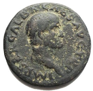 obverse: Galba (68-69), As, c. end of September or early October AD 68; AE (g 10,14; mm 26,47); IMP SER GALBA CAES AVG TR P, bare head r., Rv. VES - TA, Vesta, draped, seated l. on low chair, holding Palladium and sceptre; in field, S - C. RIC 374; C 311. Dark greene patina. Very fine.