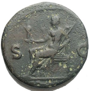 reverse: Galba (68-69), As, c. end of September or early October AD 68; AE (g 10,14; mm 26,47); IMP SER GALBA CAES AVG TR P, bare head r., Rv. VES - TA, Vesta, draped, seated l. on low chair, holding Palladium and sceptre; in field, S - C. RIC 374; C 311. Dark greene patina. Very fine.