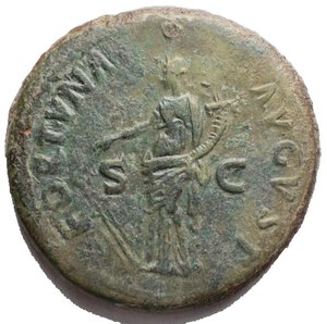 reverse: Nerva. Sestertius 96-98 AD. Rome 97 AD. Obv: IMP NERVA CAES AVG - P M TR P COS III P P Head laureate r. Rx: FORTVNA - AVGVST S - C Fortuna standing l. holding rudder and cornucopia. 29,10g. 35,27 mm. BM-107, Paris-98, C-67 (5 Fr.), RIC-83. Good VF. Green patina. Beautiful portrait of particular style