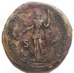 reverse: Hadrian Æ Sestertius. Rome, AD 122-125. IMP CAESAR TRAIAN HADRIANVS AVG, laureate, draped and cuirassed bust of Hadrian right / P M TR P COS III, S C across field, Ceres standing facing, head left, holding grain ears and long torch. RIC 610; BMC 1247; Cohen 1075. 22.1g, 34.02mm. aVF