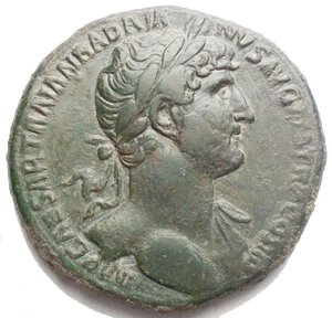 obverse: Hadrian (AD 117-138). Sestertius (25 gm. 33,6 mm). Rome, AD 120-122. IMP CAESAR TRAIAN HADRIA-NVS AVG P M TR P COS II, laureate 