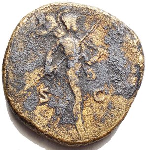 reverse: Antoninus Pius Æ Sestertius. Rome, AD 147. ANTONINVS AVG PI VS P P TR P COS IIII, laureate head to right / Mars advancing to right, holding spear and resting trophy over shoulder; S-C across fields. RIC III 778; C. 751; BMCRE 1705. 26.33g, 30.07 x 30.9mm. Very Fine.