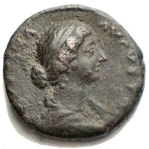 obverse: Faustina iunior. Marcus Aurelius 161-176. AE As 10.4 g. 24.2 mm. d/ Draped bust with diadem r. FAVSTINA - AVGVSTA r/ I V N O S - C Iuno stands with sceptrum and patera v.v., head r.; l. at her feet stands peacock r.l., head r. RIC 1647, BMC 983-984var., C. 123. .