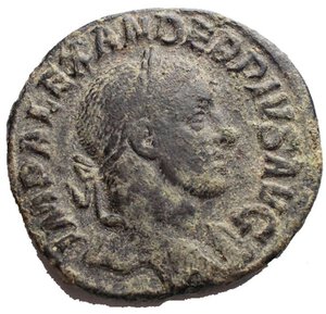 obverse: Impero Romano - Alessandro Severo. 222-235 d.c. Sesterzio. Ae. D/ IMP ALEXANDER PIVS AVG Testa laureata di Alessandro verso destra. R/ PROVIDENTIA AVG la Providentia stante verso sinistra con cornucopia e spighe, ai suoi piedi un modio con spighe SC. RIC.642. Peso gr 20,02. Diametro mm 29,72. BB+. Modulo regolare. Patina verde nera con sedimenti. Moneta intonsa