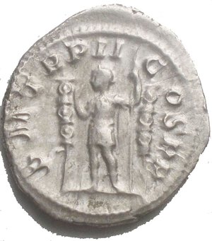 reverse: Maximinus I AR Denarius.Maximinus I AR Denarius. Rome, AD 235. Laureate, draped and cuirassed bust right / Maximinus standing left between two standards, raising hand and holding sceptre. RIC 1; RSC 46. 2.9g, 19.04 x 20.7mm about Extremely Fine/ Very Fine