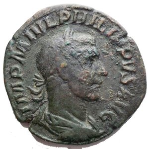 obverse: Filippo I (244-249). Sesterzio, ca. 244 d.C. D/ IMP M IVL PHILIPPVS AVG. Busto laureato, drappeggiato e corazzato a destra. R/ VICTORIA AVG. Vittoria avanza a destra; tiene una corona ed un ramo di palma. RIC 191a. AE. g 20,54. mm 30. BB+