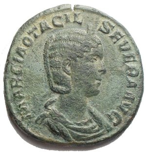 obverse: Otacilia Severa (Philip I, 244-249), Sestertius,Rome, AD 244-249, AE, (g 16,05. mm 28,01 x 29,01). MARCIA OTACIL SEVERA AVG, diademed and draped bust r., Rv. CONCORDIA AVGG, Concordia seated l., holding patera and double cornucopiae; in ex. S C. RIC 203a; C 10. Good VF. Green patina.