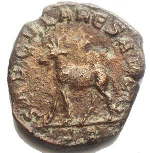 obverse: Filippo II. 247-249 d.C. Æ Sesterzio (27,1 x 29,3 mm, 13,4 g). Emissione Ludi Saeculares (Giochi secolari), commemorativa del millesimo anniversario di Roma. Zecca di Roma. 9a emissione di Filippo I, 248 d.C. IMP M IVL PHILIPPVS AVG, busto laureato, drappeggiato e corazzato a destra / SAECVLARES AVGG, capra a sinistra. RIC IV 264a;