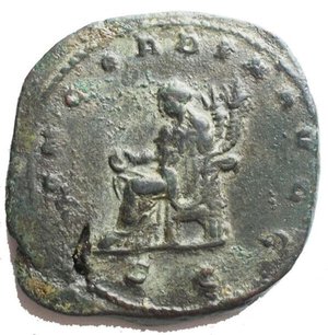 reverse: Impero Romano. Volusiano (251-253). Sesterzio. D/ IMP CAE C VIB VOLVSIANO AVG. Busto laureato, drappeggiato e corazzato a destra. R/ CONCORDIA AVGG SC. Concordia seduta a sinistra tiene patera e doppia cornucopia. RIC 250. C. 210. gr 24,8. mm 30,1 x 30,4. R. AE. BB-qSPL. Buon ritratto su un modulo straordinario. Patina verde intenso.