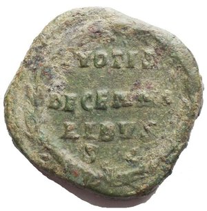 reverse: Volusian (251-253). Æ Sestertius (28.98 mm, 22.72g). Rome, August-October AD 251. Laureate, draped and cuirassed bust r. R/ VOTIS/DECENNA/LIBVS/ S C in four lines within laurel wreath. RIC IV 264; Banti 29. Green patina Good VF